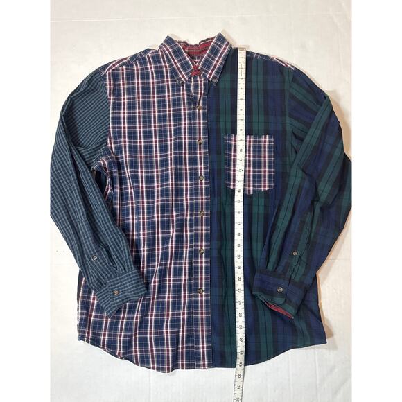 Izod Plaid Mixed Patchwork Button Down Fun Shirt Men Medium Green Blue Tartan - Picture 7 of 8